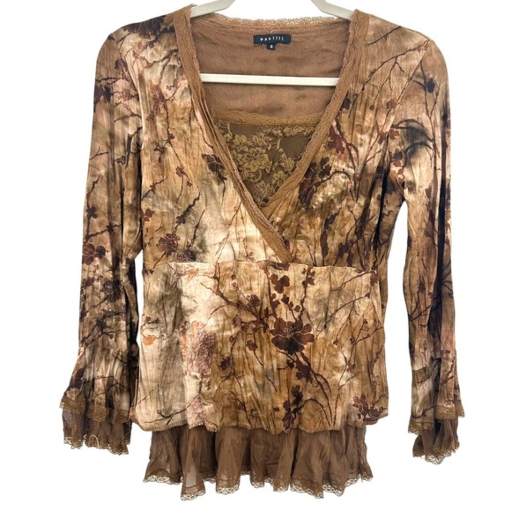 Panilli Y2K Goblincore Grunge Shirt Bratz Floral Brown Lace Trim Long Sleeve